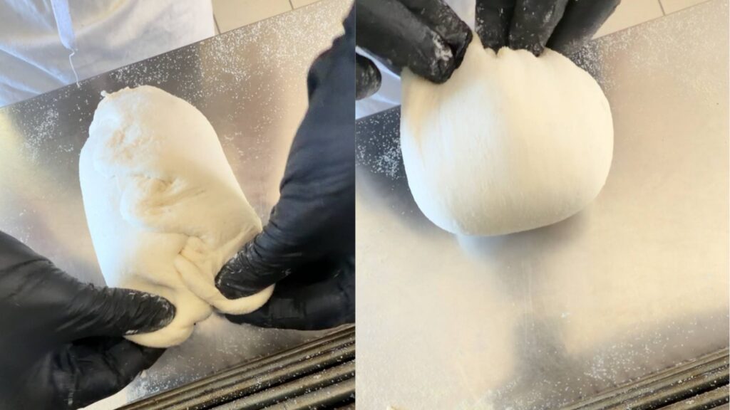 Due fasi a confronto: l'impasto che si chiude su se stesso e la palla allungata con la superficie tesa