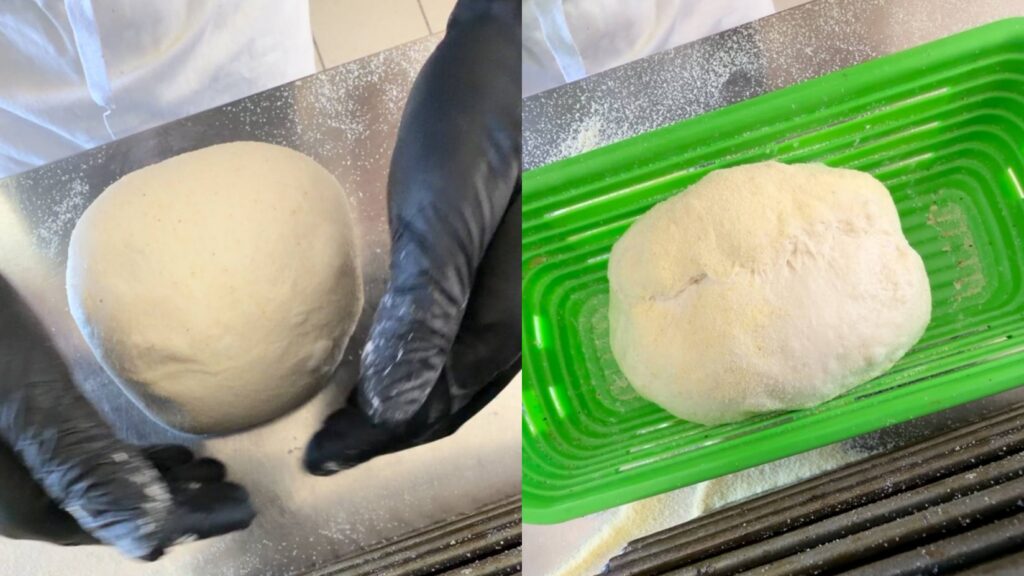 Pagnotta fatta scivolare sul banco per tendere la superficie, poi messa nel cestino da lievitazione